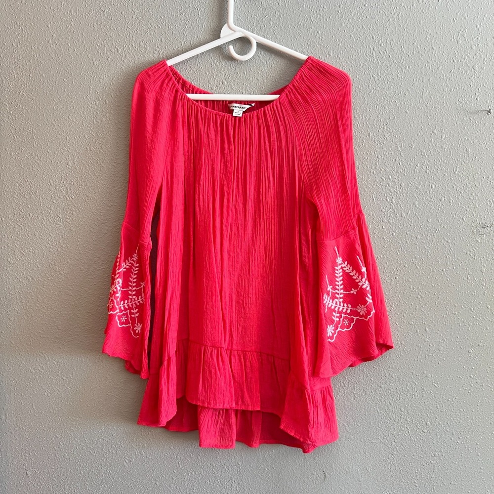 Counterparts Pink Blouse Boho Top Shirt Peasant Embroidered Floral Size Large
